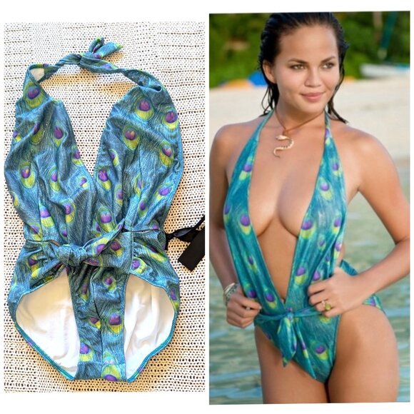 NWT Daniela Corte One Piece Halter Swimsuit Peacock Print Size 42/Medium Beach - Picture 1 of 9